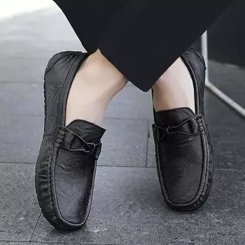 Мокасины кожаные мужские туфли модные повседневные туфли без застежек формальные деловые свадебные туфли мужские легкие мокасины ретро досуг прогулка 38 чёрный