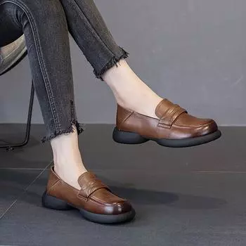 Мокасины кожаные на плоской подошве повседневные туфли ретро маленькие кожаные туфли 35 чёрный