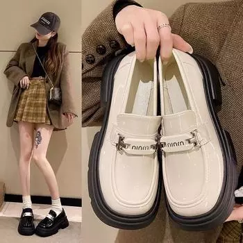 Мокасины-маффины на платформе женские и женские туфли с одной педалью черные одинарные туфли в британском стиле маленькие кожаные туфли 35