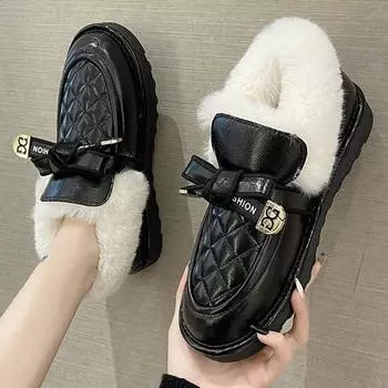 Мокасины на меху, повседневная женская обувь, универсальные, с круглым носком, с неглубоким воротом, зимние, удобные, новые, мокасины, без застежек, резиновые B 35 чёрный