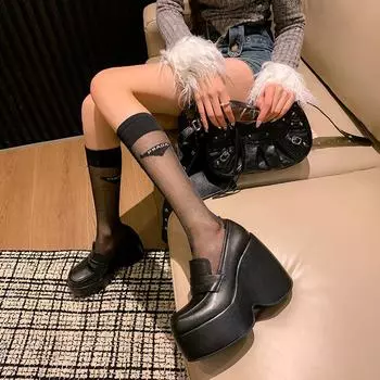 Мокасины на платформе женские туфли-муффины ленивые туфли для маленьких людей набирают высоту супер высокий каблук танкетка универсальные одинарные туфли 35