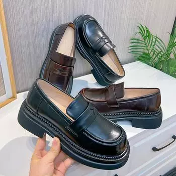 Мокасины на толстом каблуке, одинарные туфли в британском стиле, кожаные туфли, повседневная универсальная женская обувь 35 коричневый