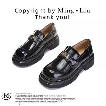 Мокасины с неглубоким носком на толстом каблуке маленькие кожаные туфли модные туфли женские маленькие ароматные ветряные одинарные туфли 35 чёрный