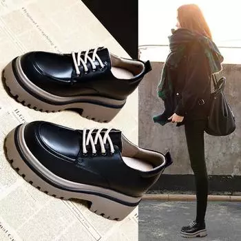 Мокасины скрытый каблук маленькие кожаные туфли Мэри Джейн женские туфли весна и осень новый британский стиль платформа маффин 35 чёрный