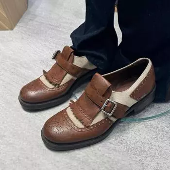 Мокасины в британском стиле для женщин с пряжкой на ремне, круглым носком, вышивкой и бахромой, на платформе, на низком каблуке, женские туфли смешанных цветов 35 коричневый