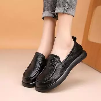 Мокасины в стиле ретро, женские туфли на плоской подошве из натуральной кожи, однотонные туфли без шнуровки на мягкой подошве с квадратным носком 40 чёрный