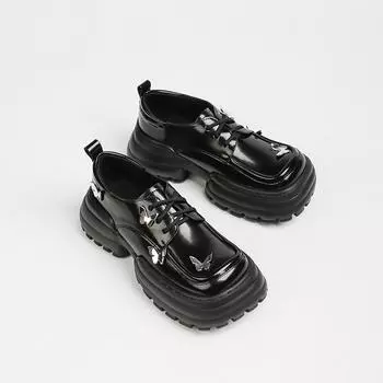 Мокасины, женские новые повседневные туфли в британском стиле с круглым носком и металлической пряжкой-бабочкой, маленькие кожаные туфли на толстой подошве 34