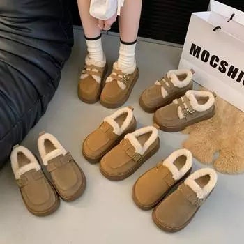 Мокасины женские с круглым носком на толстой подошве 2024 года, универсальные, зимние, из утолщенного бархата, теплые, зимние, из хлопка, повседневные 35 хаки