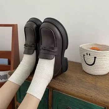 Мокасины женские с толстой подошвой, увеличивающие высоту, толстые с круглым носком, французские ретро-туфли из кожи, одинарные туфли 35 коричневый