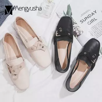Мокасины женские с заклепками и металлической пряжкой-бантом на плоской подошве, без застежек, большой размер 42/43, квадратный носок, маленькие кожаные туфли для женщин 4.5 абрикосовый
