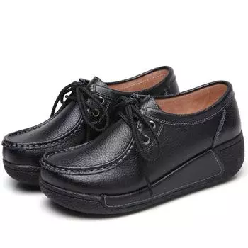 Мокасины женские туфли на плоской подошве удобные женские дышащие кожаные кроссовки на шнуровке женские модные черные мягкие повседневные туфли женские 35 чёрный