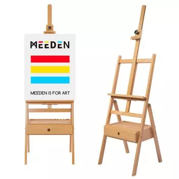 Мольберт MEEDEN из бука с ящиком. Можно наклонять вертикально. Фиксированный угол. Совместим с несколькими натянутыми холстами. Вмещает натянутые холсты шириной до 91 см.