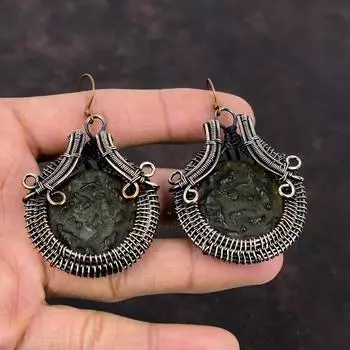 Молдавитовые медные серьги, серьги из медной проволоки, серьги ручной работы, молдавитовые ювелирные изделия, подарок для мамы, драгоценный камень, медные украшения, женские серьги