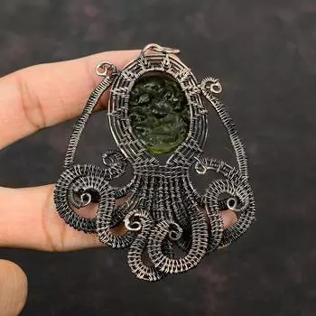 Молдавитовый кулон, медная проволока, кулон, драгоценный камень, медные украшения, стильный кулон, ювелирные изделия ручной работы, кулон в виде осьминога для подарка