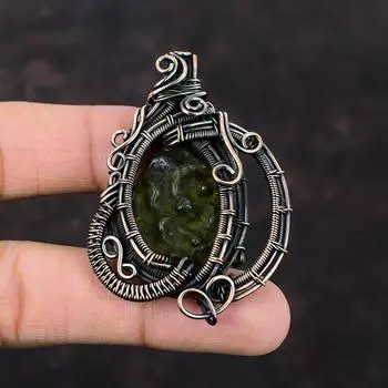 Молдавитовый кулон, медная проволока, кулон из натурального драгоценного камня, молдавитовые украшения, кулон ручной работы, изысканные медные украшения, подарок для него