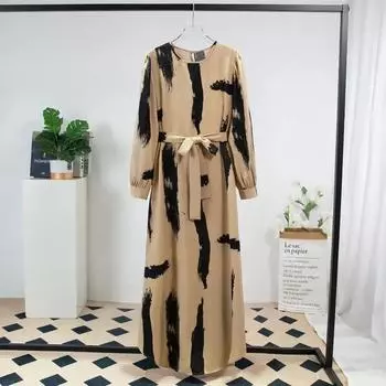 Молитва Рамадан Макси Платье Женские Повседневные Платья С Поясом Модные Длинные Рукава А-силуэта Свободные О-образным Вырезом Печатные Длинные Платья Мусульманские S хаки