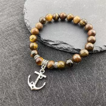 Молитвенный мужской браслет из натурального камня с якорем из гематита, мужской классический браслет ручной работы 8 мм из лавового камня, браслет для мужчин, ювелирное изделие, подарок