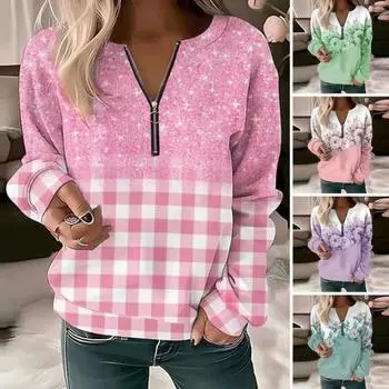 Молния с цветочным принтом Мягкий однотонный пуловер с круглым вырезом Повседневный женский эластичный манжет средней длины с длинным рукавом 2XL светло-розовый