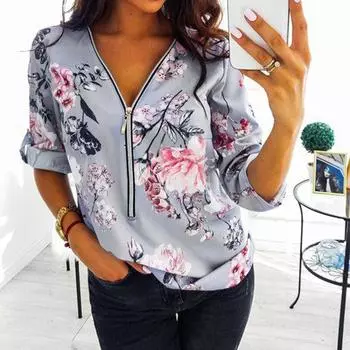 Молния с длинным рукавом женские рубашки сексуальные V-образный вырез цветочные женские блузки и топы повседневные футболки S