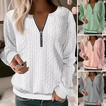 Молния Витая текстура Мягкий однотонный пуловер с круглым вырезом Повседневный средней длины Эластичный длинный рукав Женский Повседневный 3XL серый