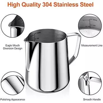 Молочник 350 мл 304 для молока, пены, молока, с отметкой размера 12 унций, кофейный набор для капучино, эспрессо, латте-арта, идеально подходит для любителей кофе 7x1x25cm