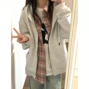 Молочно-бело-серая куртка женская весна и осень свитер с капюшоном универсальный ленивый ветер свободный повседневный кардиган удобный универсальный и модный S