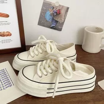 Молочно-белые двухсторонние парусиновые туфли женские на толстой подошве весна-лето новые полутапочки без застежек белые туфли с надеванием 35 чёрный