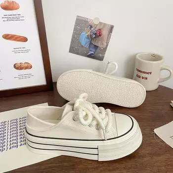Молочно-белые парусиновые туфли на две ноги, женские весенне-летние туфли на платформе, новый шикарный нишевый дизайн, одна педаль и половина тяги, маленькие белые туфли 35 зелёный