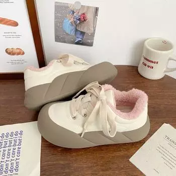 Молочно-белый бархат маленькие белые туфли женские зимние новые нишевые хлопковые туфли большая голова две хлопковые туфли-хлебушки кеды 35 розовый