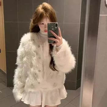 Молочно-белый маленький ароматный ветер имитация норки флисовый свитер кардиган модный смысл куртка женская осень и зима утолщенный мех S recommends 75-47.5 kg белый