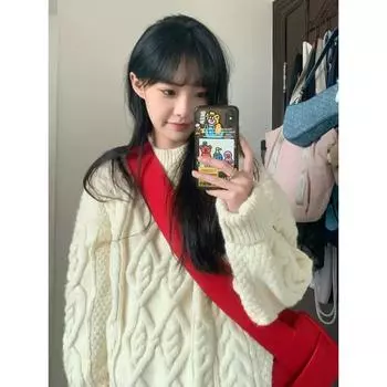 Молочно-белый пуловер, вязаный косами свитер для женщин, осень-зима 2024, новый французский свитер, утолщенный ленивый свитер, верхняя одежда S