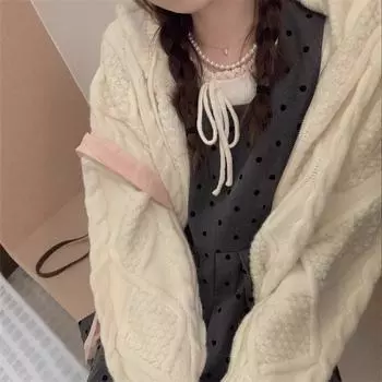 Молочно-белый вязаный свитер с шариками, осенне-зимний свитер с капюшоном на молнии, куртка женская, свободная, универсальная, ленивая, в стиле топ one size fits all