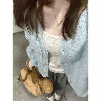 Молочно-голубой кардиган на весну и осень, вязаная куртка с V-образным вырезом Blue S [Suggested 35.00 kg-45.00 kg]]