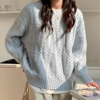 Молочно-голубой свитер с пшеничным колосом, женский, новый корейский вариант, свободный, нежный, вязаный свитер, топ прилив One size