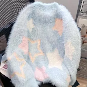 Молочно-голубой женский свитер с вышитыми звездами, круглый вырез, длинные рукава, универсальные вязаные свитера, женские свободные пуловеры, топы One Size небесно-голубой