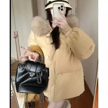 Молочно-желтая куртка-пуховик с большим меховым воротником и капюшоном, женская зимняя куртка в иностранном стиле для мужчин 90% белого утиного пуха с утолщенным хлебом S