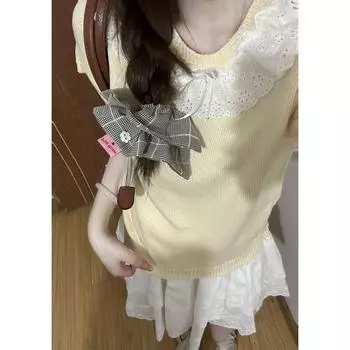 Молочно-желтый кружевной топ с кружевным бантом женский 2024 весна/лето французский милый маленький молодой вязаный с коротким рукавом Yellow XL recommended 57.50 kg-65.00 kg