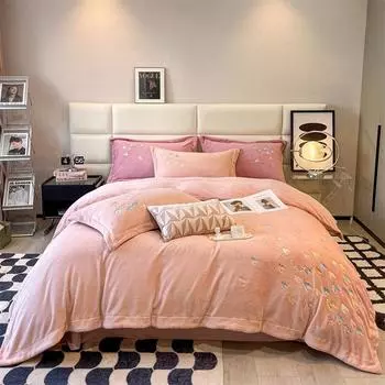 Молочный бархат класса А, четыре предмета, зимнее теплое утолщенное двустороннее бархатное пододеяльник, матовый однотонный бархат высокой плотности с резным рисунком 1.8m bed sheet model-4pcs