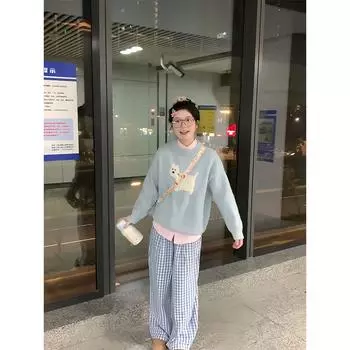 Молочный фуфу синий щенок жаккардовый свитер женский осень и зима свободный ленивый ветер мягкий восковой пуловер с длинными рукавами вязаный свитер топ S синий