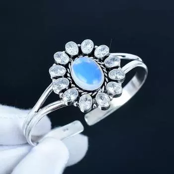 Молочный Опал Драгоценный Камень Ручной Работы Манжета Браслет 925 Стерлинговое Серебро Манжета Браслет, Молочный Опал Цветочная Форма Браслет Для Жены, Унисекс Браслет, Женский Подарок 7 белый