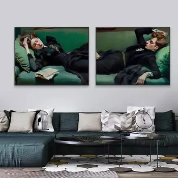 Молодая женщина и мужчина Ретро Портрет Художественный постер Moody Изумрудно-зеленый Спальня Искусство Картина маслом Печать Холст Картина Домашний декор 21cm30cm NoFrame