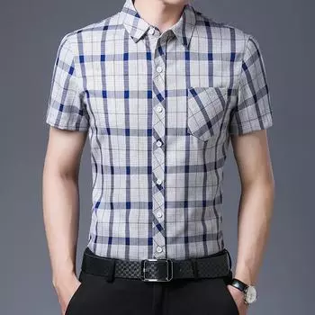 Молодежь и средний возраст Летняя новая деловая повседневная рубашка Не требующая глажки одежда Хлопковая клетчатая рубашка мужская с коротким рукавом M