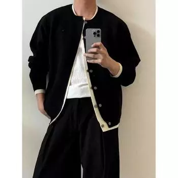 Молодежь контрастных цветов, вязанный кардиган из двух частей, пальто, мужской осенне-зимний молодежный стиль, крутой и дикий повседневный свитер M чёрный