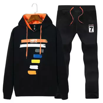 Молодежный весенне-осенний спортивный костюм мужской с капюшоном 7 - Принт Длинный рукав свитер M чёрный