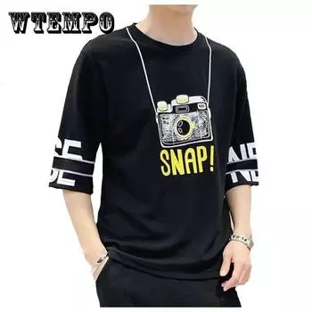 Молодежная футболка большого размера, летняя рубашка с принтом мультяшной камеры, корейский модный повседневный пуловер с круглым вырезом и коротким рукавом, мужская одежда XXL небесно-голубой