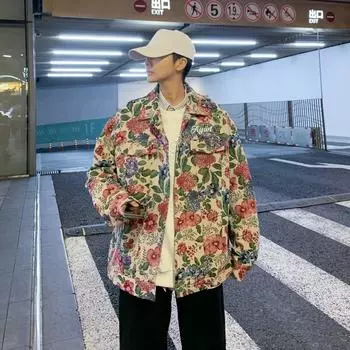 Молодежная и популярная мужская универсальная куртка с цветочным принтом и лацканами, модная повседневная куртка с длинными рукавами в литературном стиле M