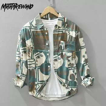 Молодежная мода уличная одежда мужские топы свободные рубашки с длинным рукавом с принтом для мальчиков чистый хлопок повседневная мягкая и удобная мужская одежда M кофейный