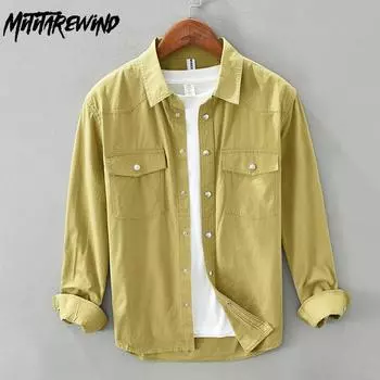 Молодежная модная мужская рубашка с длинным рукавом, повседневная мужская одежда на весну/осень, воротник с лацканами, двойные карманы, рубашка из 100% хлопка с застежкой на пуговицы M белый