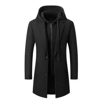 Молодежная мужская мода повседневное шерстяное пальто средней и длинной длины со съемной шапкой модное пальто мужской топ 170 чёрный