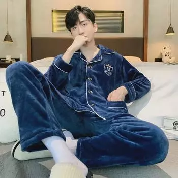 Молодежная мужская толстая фланелевая зимняя пижама: Длинные рукава, Теплые, Плюс Бархат XL